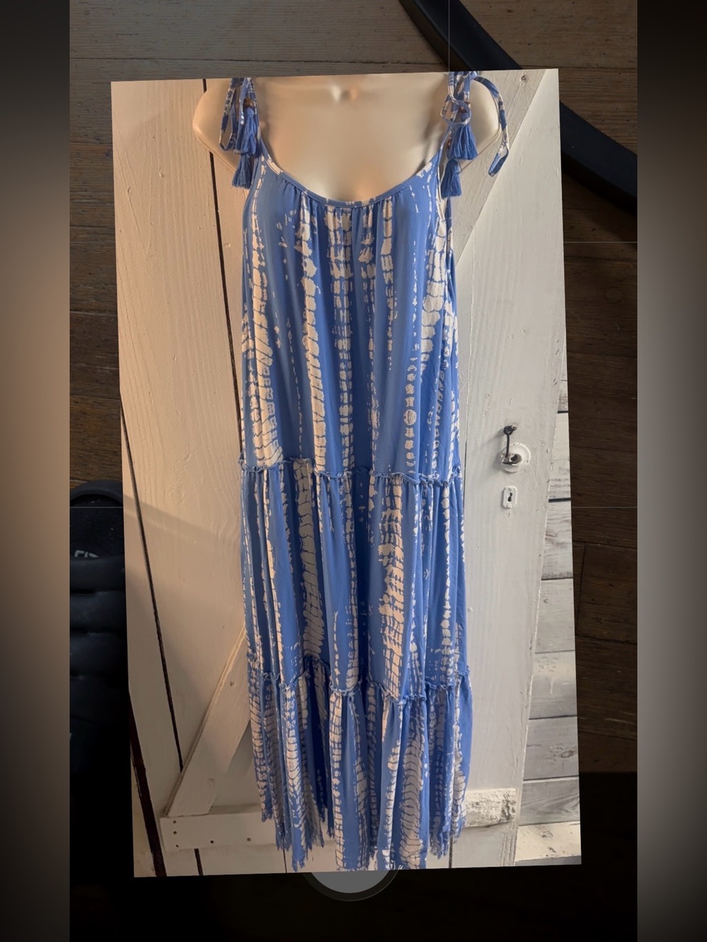 Club Z Collection Blue Tie-Dye Tiered Maxi Dress with Tassel Straps